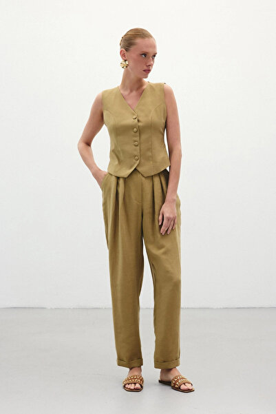 Sateen Casual Λινό Παντελόνι - Χακί