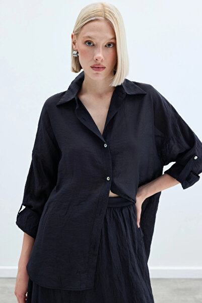 Sateen Casual Shirt with Sleeve Detail - Anthracite