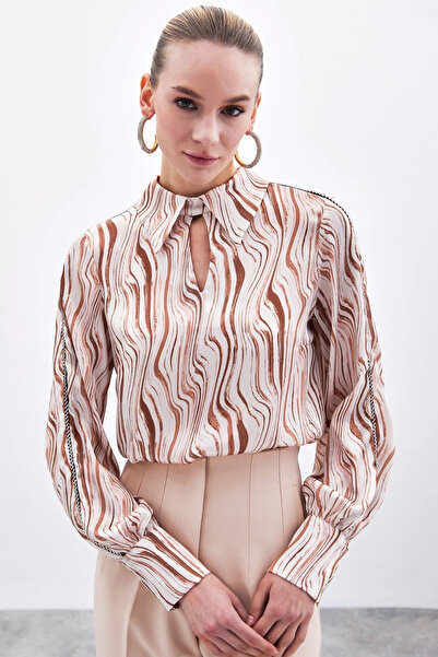 Sateen Bluză cu model cu mâneci accesorii - Camel