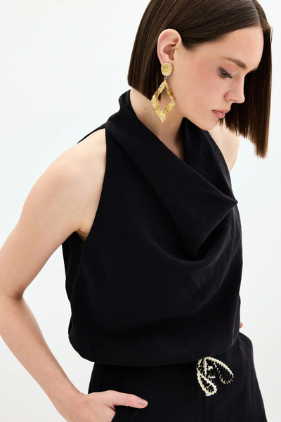 Sateen Plunging Neck Blouse - Black