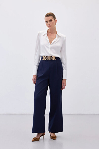 Sateen Belted Casual Trousers - Navy Blue