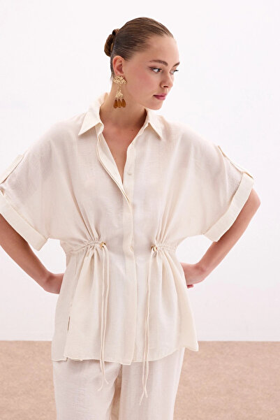 Sateen Cămașă cu detaliu cu șnur în talie - Stone