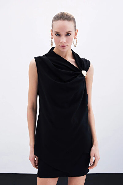 Sateen Bluză cu un singur umăr - neagră