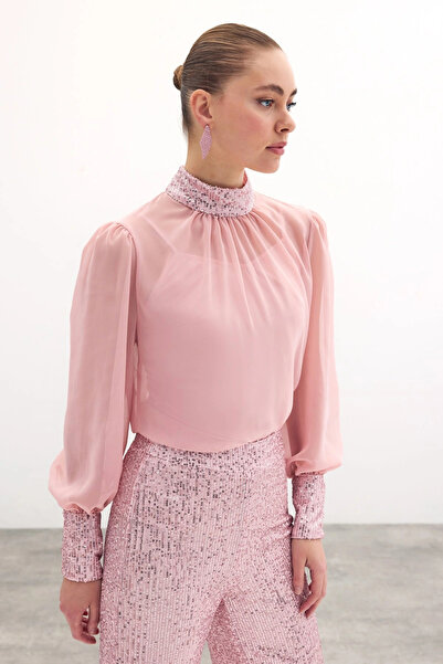 Sateen Bluză cu paiete - pudră