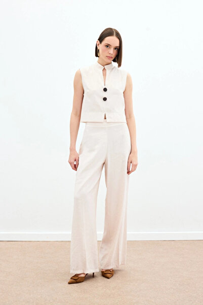 Sateen بنطلون كتان عالي الخصر - حجري