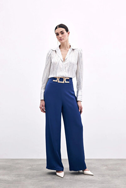 Sateen Satin Crepe Pants with Waist Belt - Navy Blue