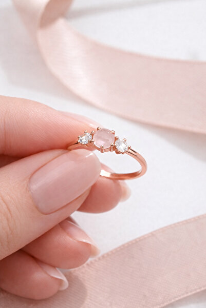 Siset Gümüş 925 Ayar Pembe Kuvars Taşlı Gümüş Yüzük