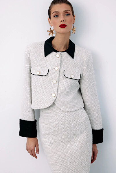 Sateen سترة تويد قصيرة متباينة - حجر