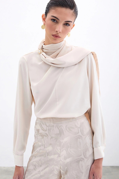 Sateen Şal Detaylı Bluz - Bej