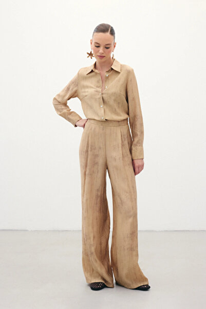 Sateen Patterned Loose Trousers - Camel