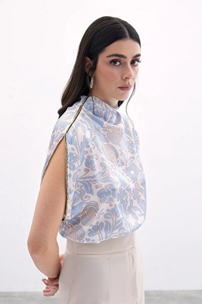 Sateen Bluză cu mâneci liliac albastru cu accesorii