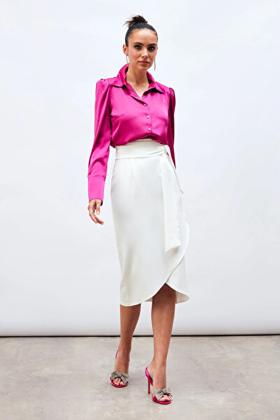 Sateen Belted Pencil Skirt - Ecru