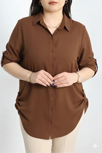 FOR ESRA BIG TREND Kadın Büyük Beden Kahve Düz Renk Kol Ve Yan Katlamalı Doku...