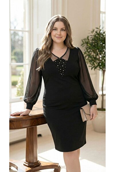 Butik Nilyam Kadın Büyük Beden V Yaka Göğüs Transparan Taş Detaylı Balon Kol ...