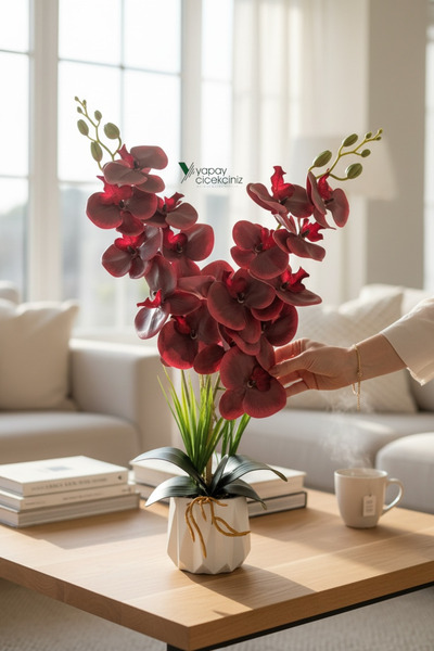 YAPAY ÇİÇEKÇİNİZ Beyaz Renkli Beton Saksıda 2 Dallı Islak Dokulu Yüksek Kalit...