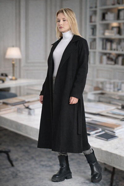 ensade Дамско черно елегантно палто с колан, без подплата