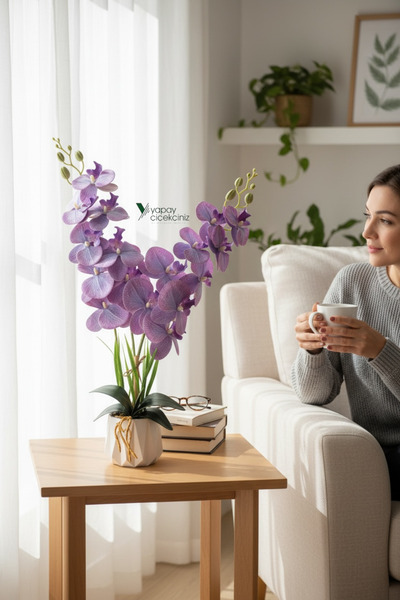 YAPAY ÇİÇEKÇİNİZ Beyaz Renkli Beton Saksıda 2 Dallı Islak Dokulu Yüksek Kalit...