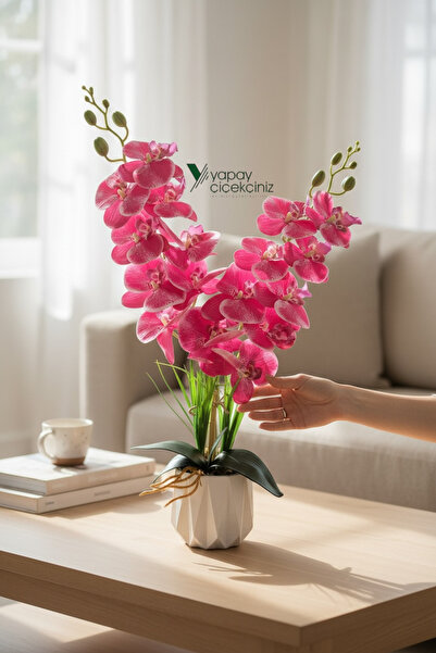 YAPAY ÇİÇEKÇİNİZ Beyaz Renkli Beton Saksıda 2 Dallı Islak Dokulu Yüksek Kalit...