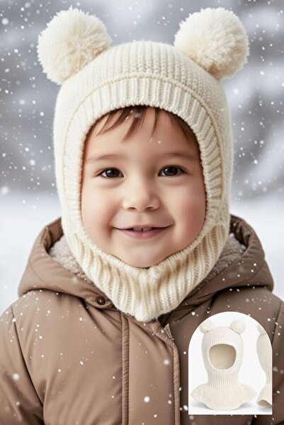 Minytrendy Kız Erkek Bebek Çocuk Omuzlu Triko Balaklava Bere Kar Maskesi Ponp...