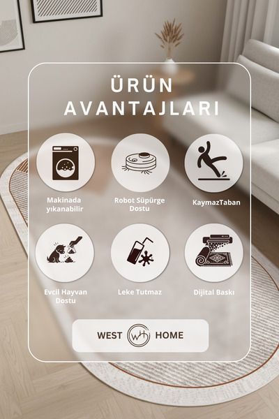West Home Makinede Yıkanabilir Kaymaz Taban Leke Tutmaz Oval Salon Halısı Mutfak Halısı ve Yolluk
