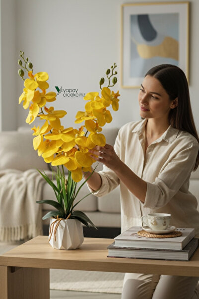 YAPAY ÇİÇEKÇİNİZ Beyaz Renkli Beton Saksıda 2 Dallı Islak Dokulu Yüksek Kalit...