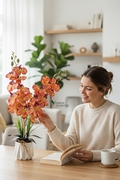 YAPAY ÇİÇEKÇİNİZ Beyaz Renkli Modern Saksıda 2 Dallı Islak Dokulu Yüksek Kali...