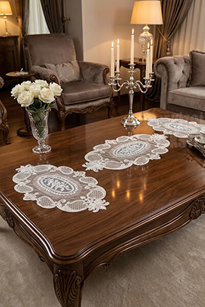 Çt Çeyizci Tekstil 3 Parça Salon Sehpa Takımı, Masa Örtüsü 3 Parça Takım