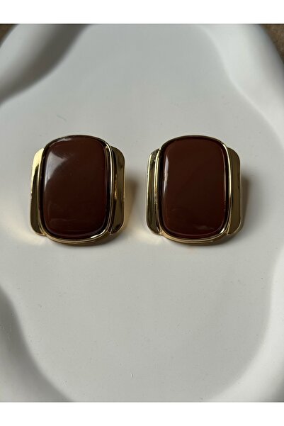 MOD10 Helen Jewelry vintage kahve taş gold plaka küpe