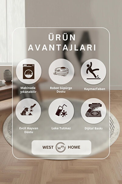 West Home Makinede Yıkanabilir Kaymaz Taban Leke Tutmaz Yuvarlak Salon Halısı Mutfak Halısı ve Yolluk