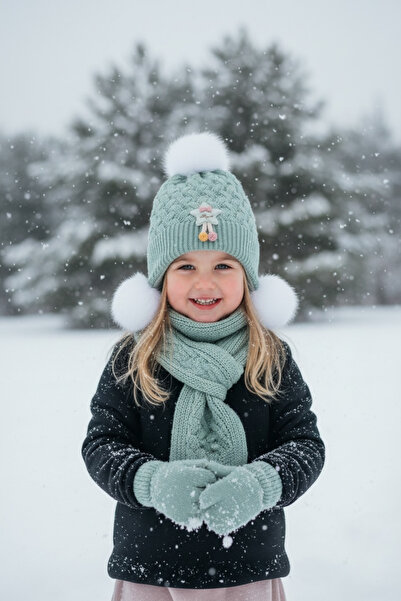 Skygo Kitti Bebe Kız Atkı Bere Eldiven Takım (1-4 Yaş) K24160-02 Mint