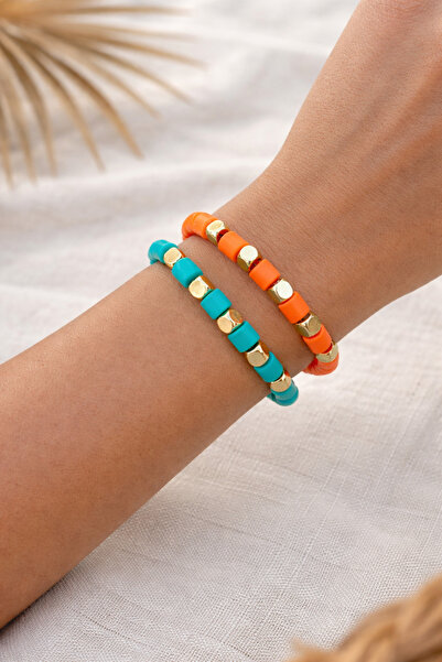 Miliva سوار فيمو مزدوج |   1 قطعة من سوار فيمو باللون البرتقالي و1 قطعة من سو...