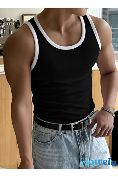 Riowela Erkek Tshirt Kolsuz Atlet Halter Yaka Likralı Pamuklu Kontrast Siyah