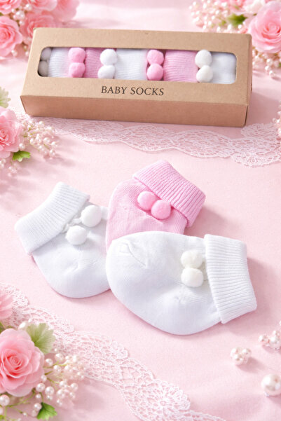 baby socks 5 Çift Ponponlu Sıkmaz Bilekli Kutulu Bebek Çorabı Seti 0-6 Ay