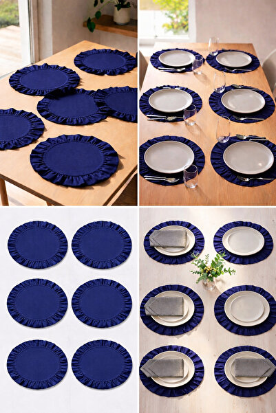 ÇIQRIK HOME 6 Adet Lacivert Natural Fırfırlı Vintage Keten Amerikan Servis/supla