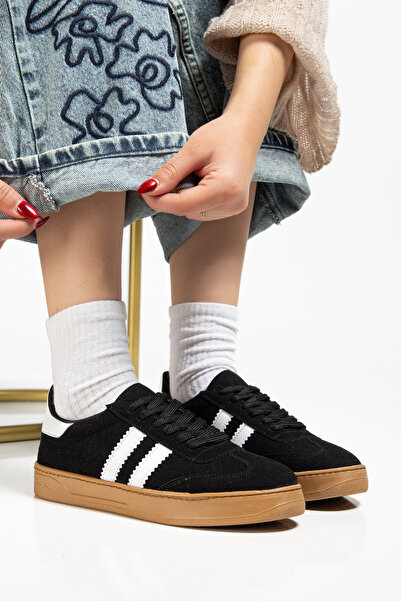 MY GROSS SHOES Kadın Siyah Süet Termo Taban Yanı Şeritli Bağcıklı Spor Ayakkabı