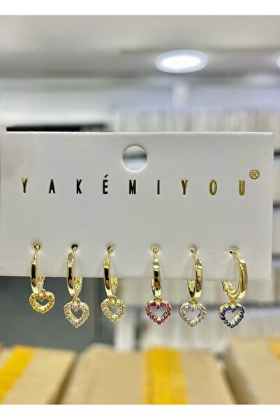 Yakemiyou Colorful Zircon Stone Heart Shape 6 Piece Steel Earring Set