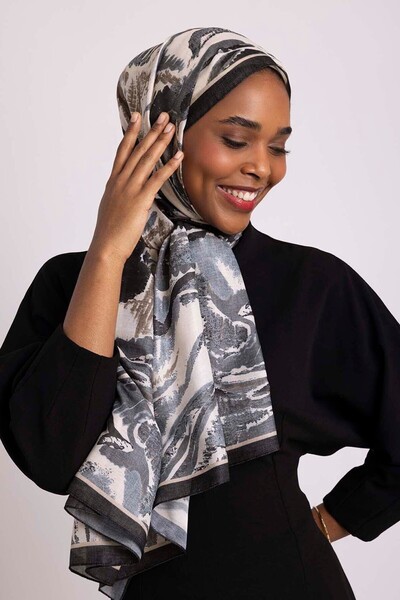 Ayshara شال منقوش بتصميم ديفري فرشا من جانب واحد - أسود أنثراسايت