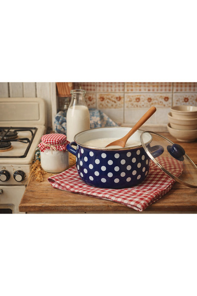 EBRULİEMAYE Navy Blue Polka Dot Enamel Pot 5-Liter 24 cm Diameter Milk Yogurt...