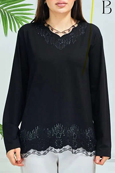 BURSPA Rahat Kesim V Yaka Etek Ucu Tül Ve Inci Işlemeli Siyah Anne Penye Bluz