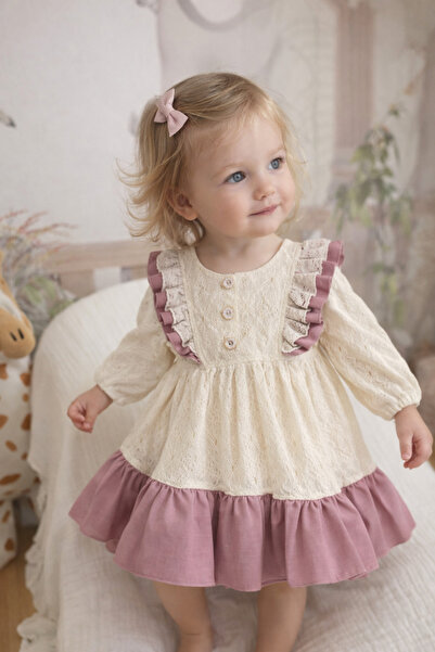 Canöz Kids Kız Bebek Naturel Gülkurusu Elbise