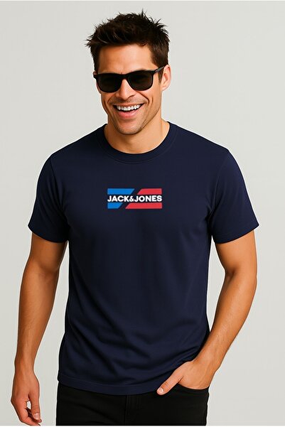 Jack & Jones Bisiklet Yaka Logo Baskili Tisört - Corp Lacivert