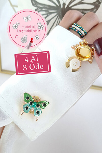 Norevia 4 Al 3 Öde Yeşil ve Turkuaz Mineli Kelebek Model Lüks Yaka ve Kol Düğ...