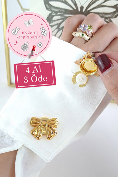 Norevia 4 Al 3 Öde Çelik Gold Renk Fiyonk Model Yaka ve Kol Düğmesi Kapağı ve...