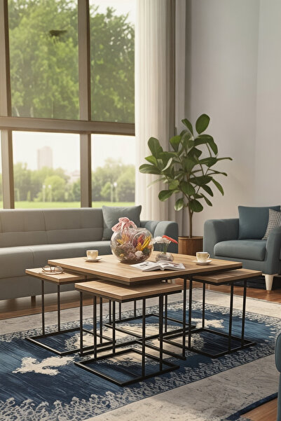 usta mekan Star 5 li Siyah Ceviz Yavrulu 4+1 Kare Orta Sehpa