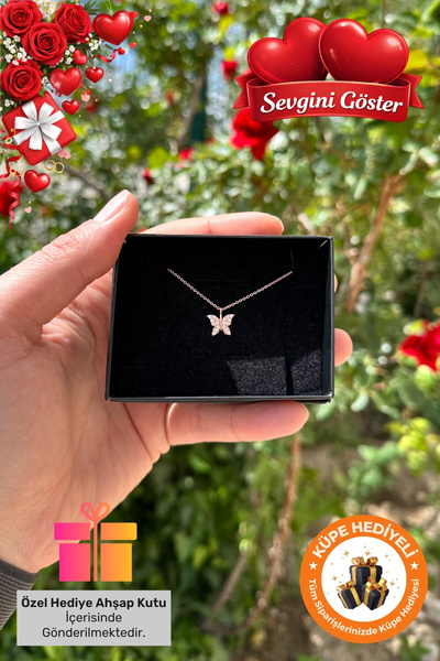 Lucente Jewellery Özel Hediye Kutulu 925 Ayar Rose Gümüş Kaplama Kelebek Mode...