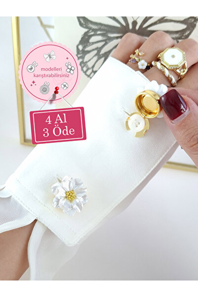 Norevia 4 Al 3 Öde Beyaz Papatya Figürlü Gold Detaylı Düğme Kapağı ve Broşu (...
