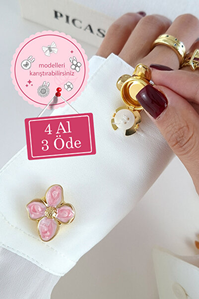 Norevia 4 Al 3 Öde Çelik Pembe Mineli Çiçek Düğme Kapağı ve Broşu (1 adet)