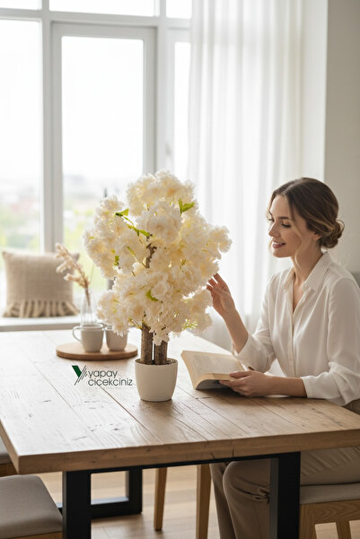 YAPAY ÇİÇEKÇİNİZ BEYAZ SAKSIDA YOĞUN YAPRAKLI 60 CM YAPAY BAHARDALI AĞACI