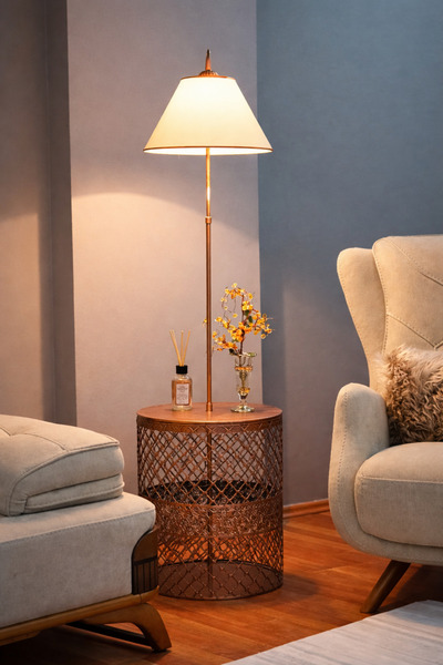 VENON Sehpalı Lambader Üçgen Siyah Bakır Patine⭐️ Krem Kumaş Şapka⭐️Metal Göv...