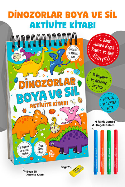 Parodi Yayınları Dinozorlar Boya ve Sil Aktivite Kitabı | 4 Renk Jumbo Keçeli...